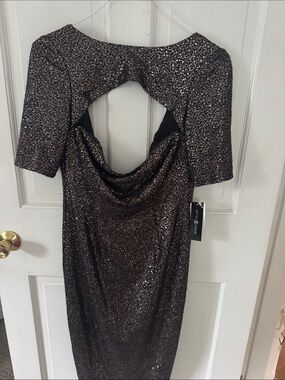 Betsy & Adam Black Metallic Sequin Backless Cocktail Dress
